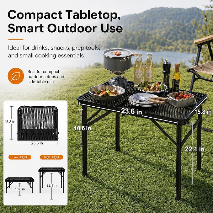 Folding Grill Table Camping Table with Mesh Desktop, Lightweight & Portable Outdoor Picnic Table, Height Adjustable Portable for Outside Inside Use