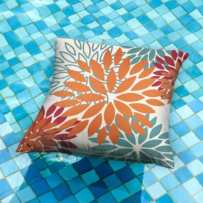 DFXSZ Outdoor Waterproof Pillow Covers 24x24 Set of 2 Orange Teal Flower | Spring Summer Waterproof Flower Throw Pillowcases（No Inserts）Outdoor Decor for Fall Patio Funiture Garden Polyester Covers