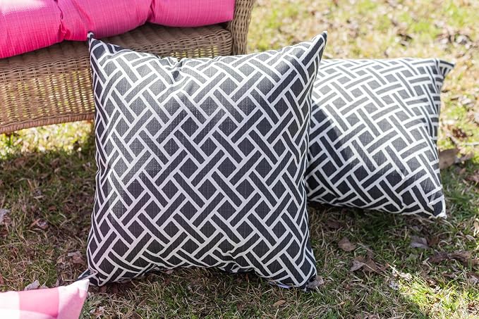 RSH DECOR: Lumbar Throw Pillows Set of 2 | 20” x 12" | All-Weather Spun Fabric | Water and Fade-Resistant | Outdoor Support Pillows for Patio Furniture | Matte Black Geometric