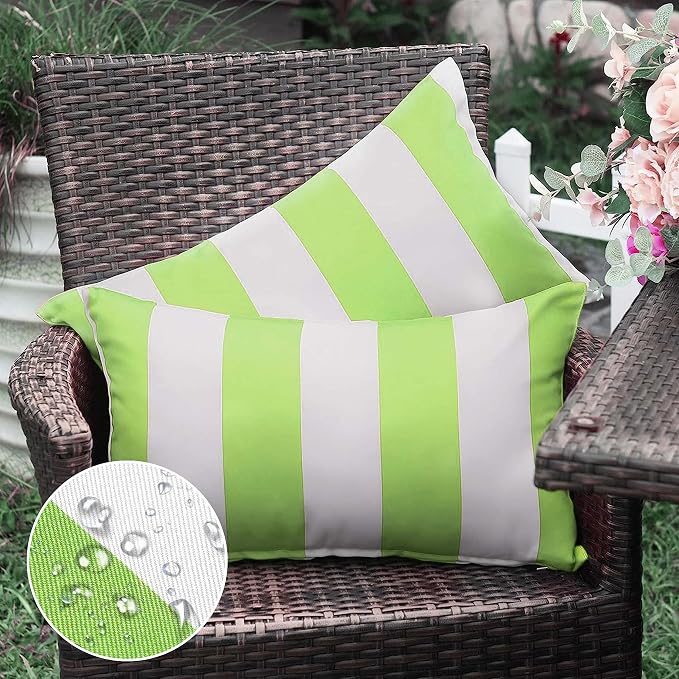 Pack of 2 Decorative Outdoor Waterproof Striped Throw Pillow Covers 12x20 | Green, Solid, Polyester Linen Garden Farmhouse Cushion Cases for Couch Sofa Patio Tent Balcony