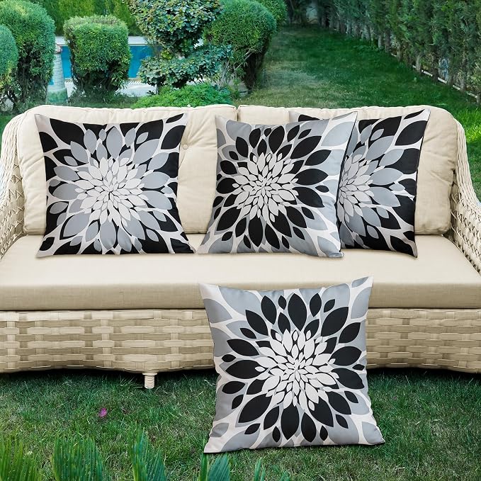 Pack of 4 Outdoor Waterproof Pillow Covers 18x18 Decorative Outdoor Throw Pillows Garden Square Cushion Cases for Patio Furniture, Couch, Tent Sunbrella, Bench, Black Grey