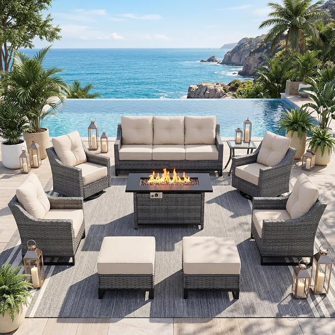 9 Piece Patio Furniture Set with 6" Thick Cushions, Weather-Resistant Wicker Swivel Rocker High Back Chairs and Fire Pit Table for Porch Yard Deck