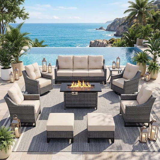 9 Piece Patio Furniture Set with 6" Thick Cushions, Weather-Resistant Wicker Swivel Rocker High Back Chairs and Fire Pit Table for Porch Yard Deck
