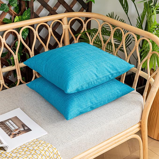 Kevin Textile Outdoor Waterproof 20”x20” Pillow Covers 2 Pack, Peacock Blue | Water Resistant, Soft Faux Linen-cotton Yarn-dyed Woven Texture Throw Pillow Covers for Tent Patio Garden Couch Sofa