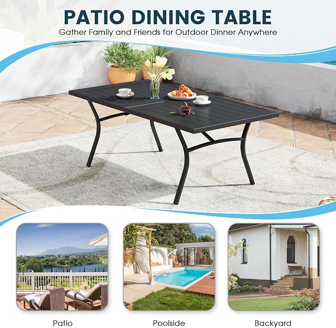 9 Pieces Patio Dining Set, 71" Rectangular Dining Table with Umbrella Hole, 8 Stackable Textilene Fabric Chairs, Metal Structure for Patio, Porch, Garden(Black Table, Blue Chair)