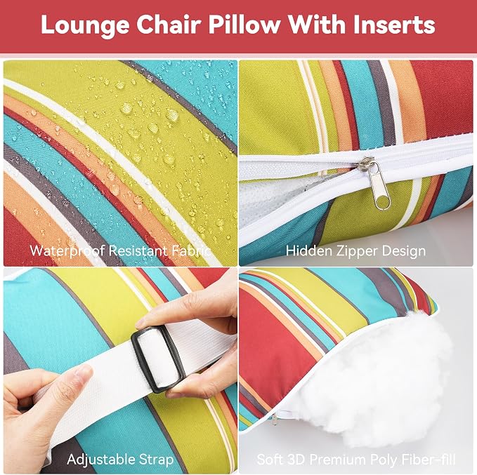 Enipate Outdoor Pillow for Chaise Lounge Chair Pack of 2 Water Resistant Headrest Lumbar Pillows with Adjustable Elastic Strap Removable Machine Washable for Pool Patio Beach Chair Garden Furniture