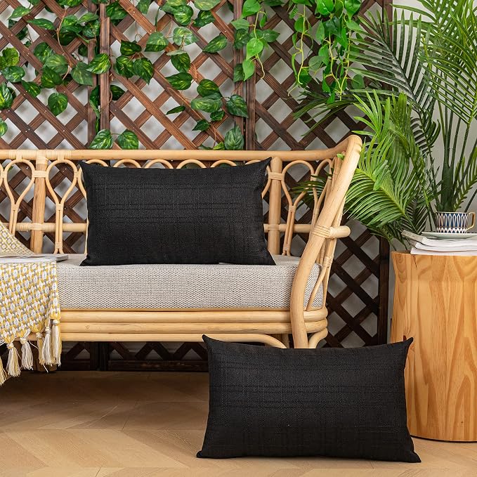 Kevin Textile Outdoor Waterproof 12”x20” Lumbar Pillow Covers 2 Pack, Black | Water Resistant, Soft Faux Linen-cotton Yarn-dyed Woven Texture Throw Pillow Covers for Tent Patio Garden Couch Sofa