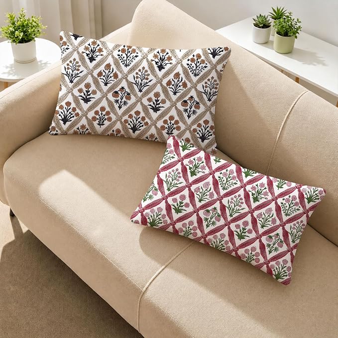 Allorry Floral Outdoor Pillow Covers 12x20 Rose Pink Waterproof Decor | Set of 2 Vintage Floral Block Print Pillow Cover,Farmhouse Boho Decorative for Spring Summer Outdoor Sofa Bedroom Decor