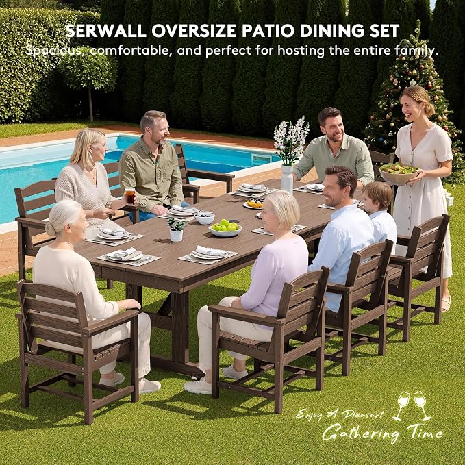 SERWALL Outdoor Dining Chairs Set of 4, All-Weather HDPE Patio Chair with 19.7" Widened Seat, for Backyard, Garden, Brown