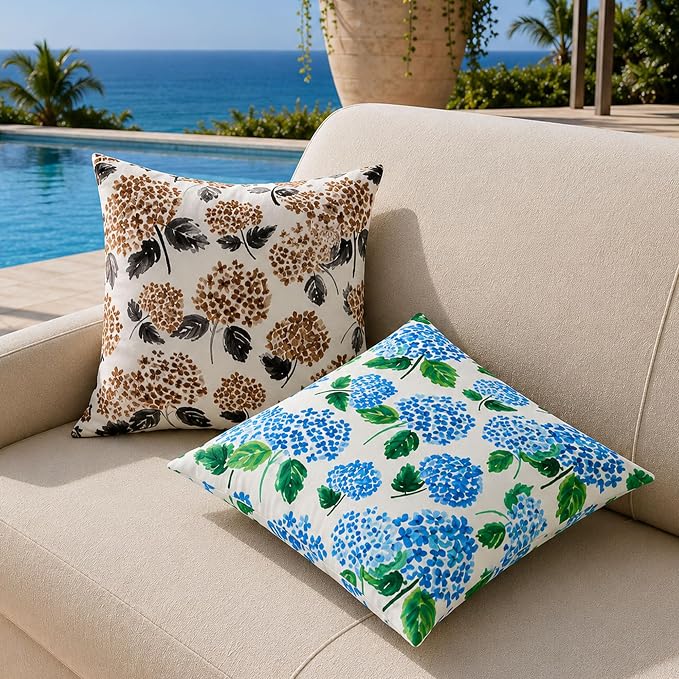 DFXSZ Outdoor Pillow Covers 20x20 Inch Set of 2 Blue Hydrangea Decor Waterproof Throw Pillow Covers Spring Summer Outdoor Waterproof Pillowcases Decor for Patio Funiture Garden Sofa Couch 026A20