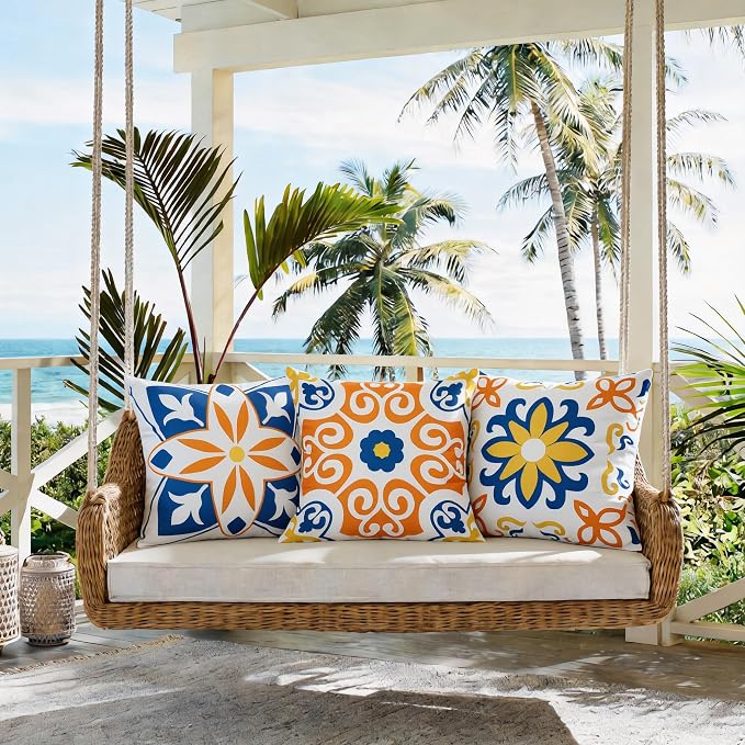 Outdoor Pillow Covers Waterproof Cushion Covers Patio Pillows Case 2 Pack | 18x18inch,Printed Boho Flowers,Seamless,Hidden Zipper,Machine Washable,Perfect decoration for Porch,Patio,Balcony