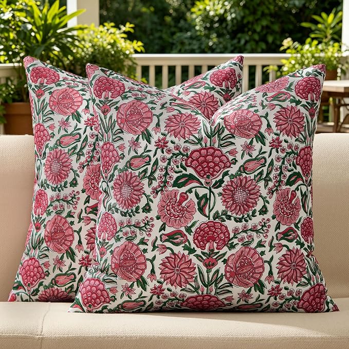 Allorry Outdoor Pillow Covers 16x16 Rose Pink Floral Outdoor Decor JB013D16 | Set of 2 Vintage Floral Block Print Pillow Cover,Farmhouse Boho Decorative for Spring Summer Outdoor Sofa Bedroom Decor