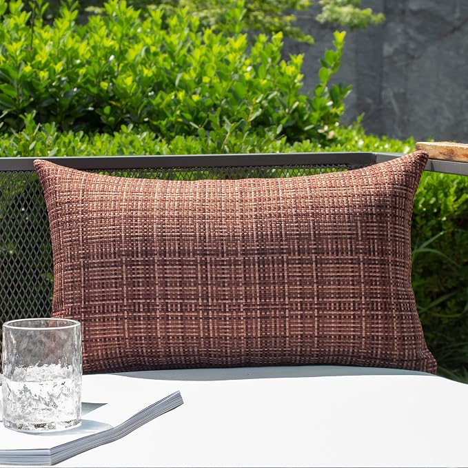 Kevin Textile Outdoor Waterproof 12"x24" Lumbar Pillow Covers 2 Pack Coffee | Water Resistant, Faux Linen Yarn-dyed, Woven Texture Throw Pillow Covers for Tent Patio Garden Couch Sofa