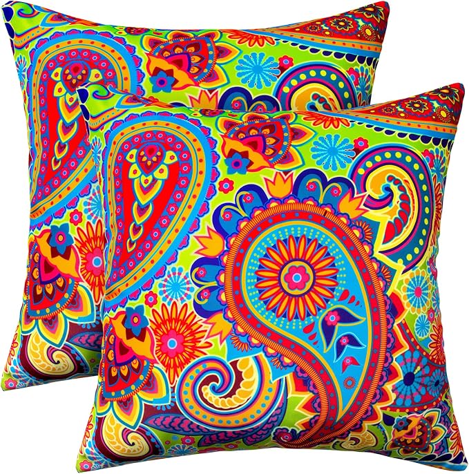 2 Pack Waterproof Outdoor Pillows, 18x18 Outdoor Throw Pillows | Patio Furniture Pillows, Fluffy Decorative Pillows, Waterproof &Fade Resistant, Removable & Washable, Paisley Colorful