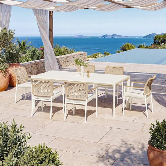 Modern Shade Riviera Outdoor Dining Chairs Set of 6, Fade Resistant, All-Aluminum Woven Rope Outdoor Chairs with FSC Teak Wood Armrests, Weather-Resistant Patio Chair with Quick Dry Cushion, Beige