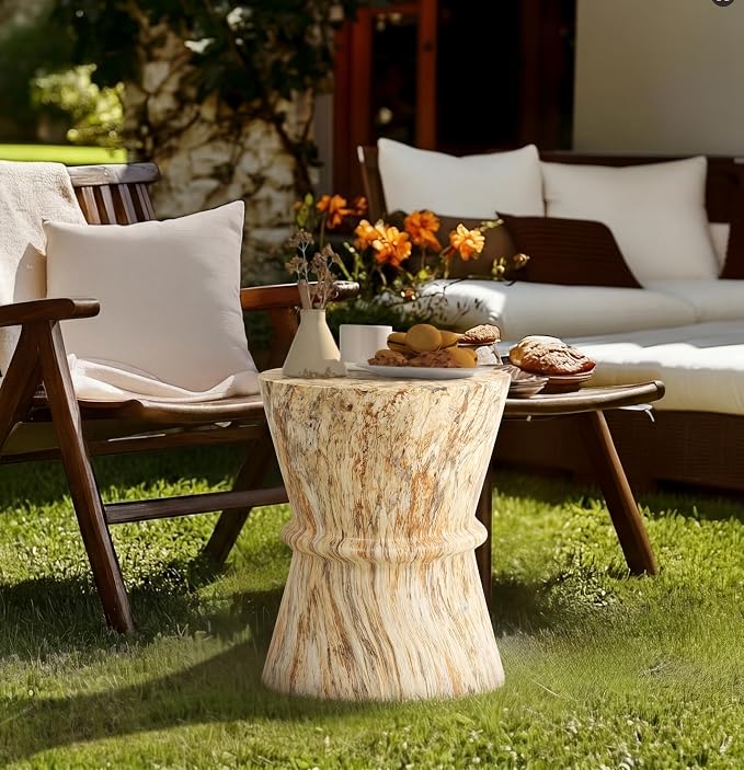 Outdoor Concrete Side Table,Contemporary Hourglass Accent Table with Faux Stone Coffee Tables for Indoor Outdoor,Garden End Table for Porch,Backyard Patio Living Room-15.55" Amber Brown MgO