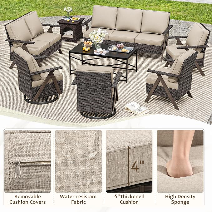 8 Pieces Patio Furniture Set,Outdoor Loveseat Sofa & High Back Swivel Rocker Patio Chairs, Wicker Conversation Set with Coffee Table and Side Table for Deck Yard and Poolside