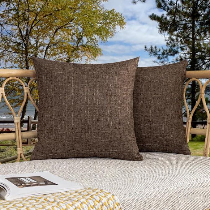 Kevin Textile Outdoor Waterproof 22”x22” Pillow Covers 2 Pack, Brown | Water Resistant, Soft Faux Linen-cotton Yarn-dyed Woven Texture Throw Pillow Covers for Tent Patio Garden Couch Sofa