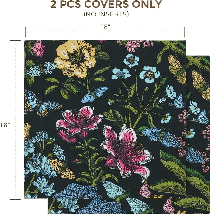 Throw Pillow Covers Set of 2, Outdoor Indoor Waterproof Patio Throw Pillowcase Shell 18x18 Inch, Square Cushion Case for Couch Sofa Garden Farmhouse-Black Butterfly Flower