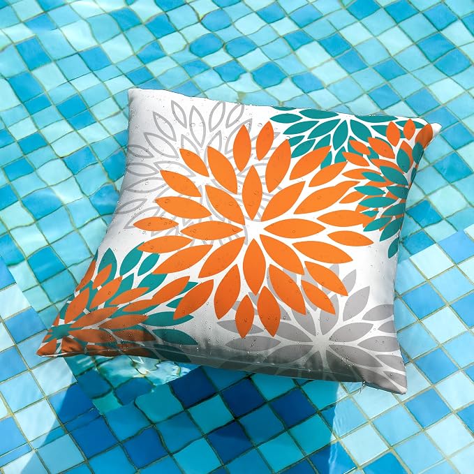 DFXSZ Outdoor Waterproof Pillow Covers 18x18 Set of 2 Orange Grey Flower | Spring Summer Waterproof Flower Throw Pillowcases（No Inserts）Outdoor Decor for Fall Patio Funiture Garden Polyester Covers