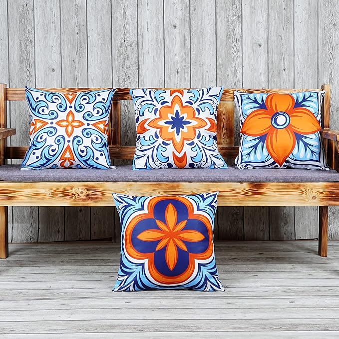 ONWAY Outdoor Pillow Covers Waterproof Set of 4 Floral Boho Decorative Throw Cushion Cover Farmhouse Pillows for Bench, Couch, Sunbrella and Patio Furniture (BlueOrange, 18x18 Inch)