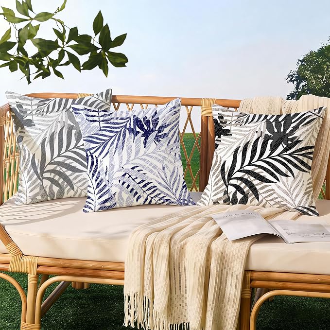 Allorry Outdoor Pillow Covers 18x18 Set of 2 Hawaii Tropics Palm Leaves Navy Blue Floral Pattern Decoration Pillow Covers for Spring Summer Outdoor Waterproof Garden Patio Sofa Bed Decor JB010-F18