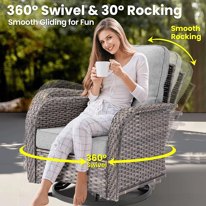 ovios 6 Pieces Patio Furniture Set, Outdoor Wicker Sofa Couch with Swivel Glider Chairs Comfy Cushions, Modern Deep Seat Rattan Conversation Sets for Deck Porch, Dark Grey