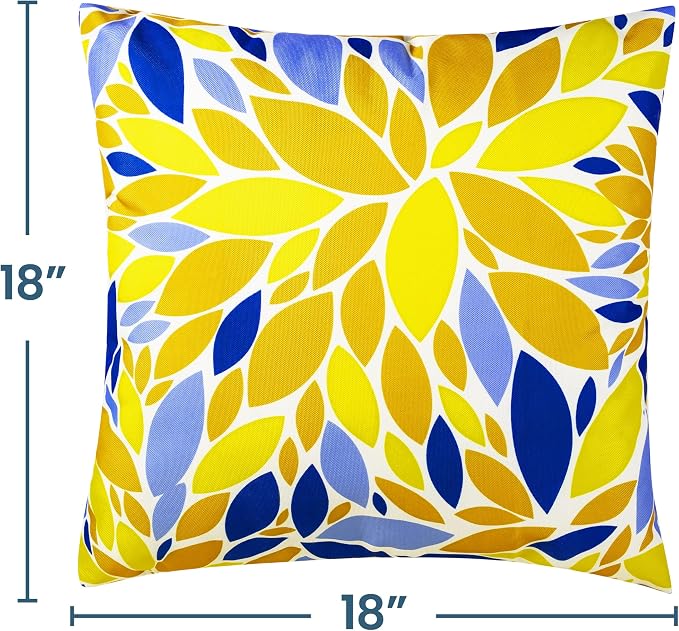 Outdoor Pillow Covers 18x18 Inch, Water-Resistant Decorative Pillow Covers Pack of 2, Floral Throw Pillow Case for Patio Furniture Tent Garden, Yellow Blue Dahlia, Cover ONLY