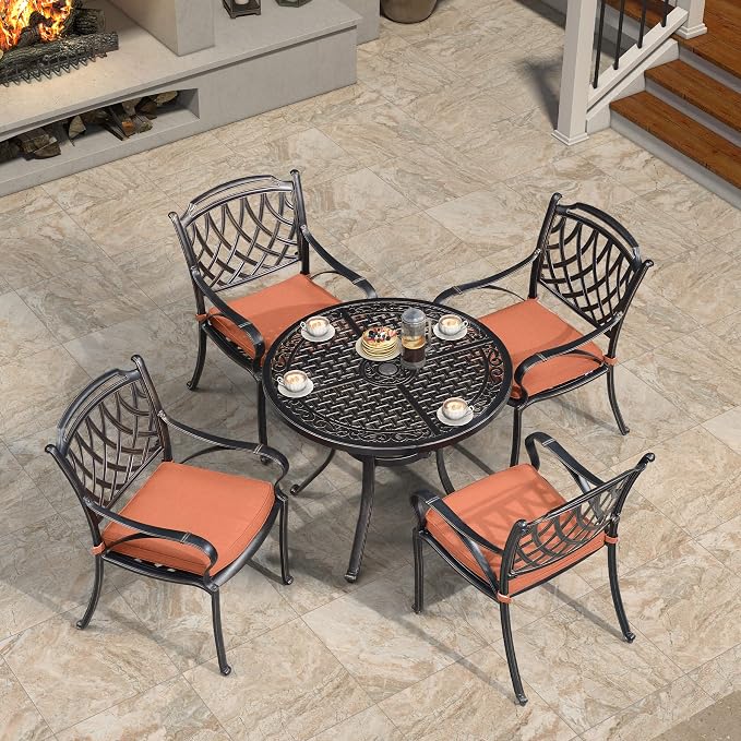 PURPLE LEAF 37" Outdoor Cast Aluminum Round Dining Table with Umbrella Hole Patio Furniture for Backyard Lawn Balcony Deck, Patio Dining Table, Lattice