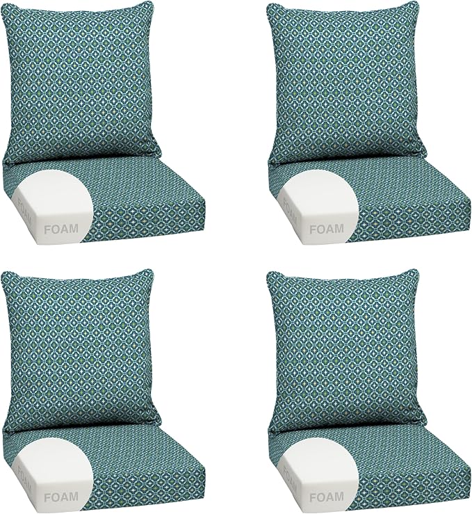 Arden Outdoor Deep Seat Cushion Set, Foam, 4-Pack, 24x24, Alana Tile | Sofa, Couch, Conversation Set, Premium High-Density Foam, Never Flattens, Mold and Mildew Resistant