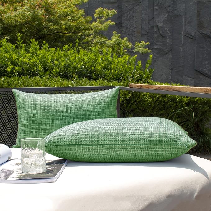 Kevin Textile Outdoor Waterproof 14"x24" Pillow Covers 2 Pack, Sage Green | Water Resistant, Faux Linen Yarn-dyed, Woven Texture Throw Pillow Covers for Tent Patio Garden Couch Sofa