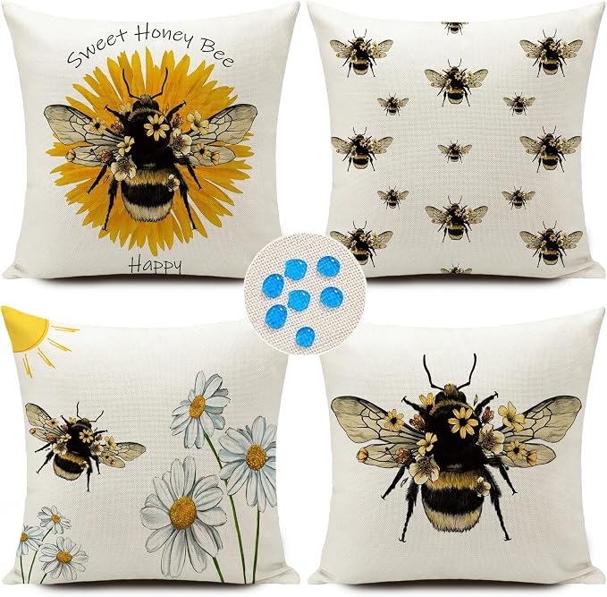 Outdoor Bee Pillow Covers Waterproof Furniture Decor Patio Garden Bee Decorations for Home Outside Chair Cushions Throw Pillows 18x18 Inch Set of 4 Decorative for Couch Sofa ﻿