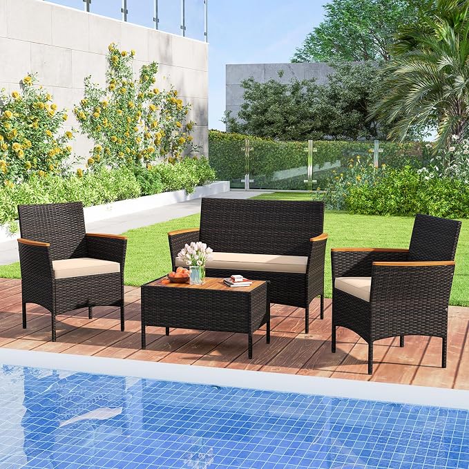HAPPYGRILL 4 Pieces Outdoor Patio Rattan Furniture Set, Rattan Conversation Set with Chairs & Loveseat, Acacia Wood Tabletop & Armrest, Outdoor Cushion Sofa Set for Backyard Patio Poolside