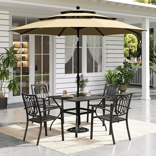 Sophia & William Patio Dining Set for 4 with 10ft 3 Tier Auto-tilt Umbrella, Outdoor Table Furniture Set with 4 x Metal Outdoor Chairs, 1 x Metal Square Dining Table and 1 Beige Patio Umbrella