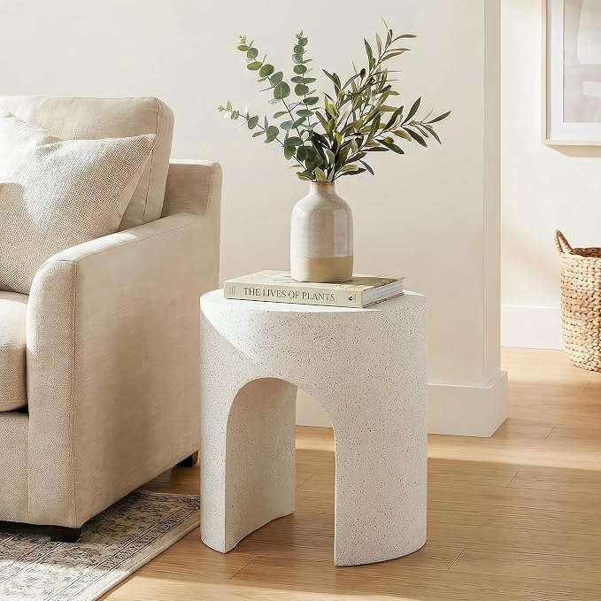 HOMPUS Outdoor Side Table w Hollow Arch, Concrete End Table, Round Patio MgO Coffee Lightweight Table, Modern Accent Vintage Garden Planter Stand for Indoor Outdoor Use, Spotted White