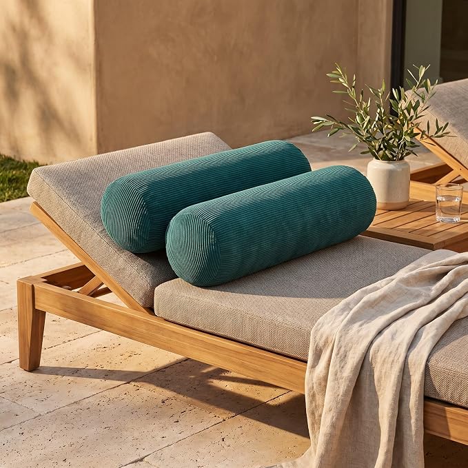 RSH DECOR: Neck Roll Jumbo Bolster Pillows Set of 2 | 24” x 8" | All-Weather Spun Fabric | Water and Fade-Resistant | Outdoor Support Pillows for Patio Furniture | Made in USA (Idol Lagoon Peacock)