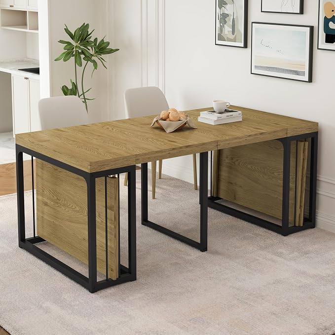 23.6" - 118" Extendable Dining Room Table, Modern Extra Long Folding Dining Tables for 2-10 People, Outdoor Patio Furniture Set, Adjustable Kitchen Dinner Table, Wild Oak