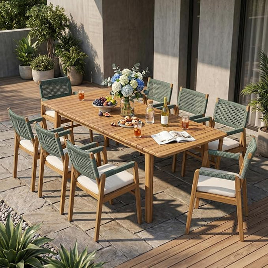 Christopher Knight Home Sky Acacia Wood Dining Table Set for 8, 9 Piece Patio Extendable Dining Table and Dining Chairs Set of 8 with Cushions & Rope Accents, Patio Furniture Set, Teak+Beige+Green