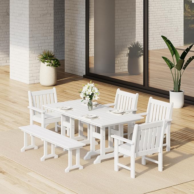 Costaelm Rectangle Outdoor Dining Tables, 71'' Patio Table with Umbrella Hole for 6 Person, Balcony Outdoor Buffet Table, Porch Tables for Outside Lawn Porch Bistro Furniture, White