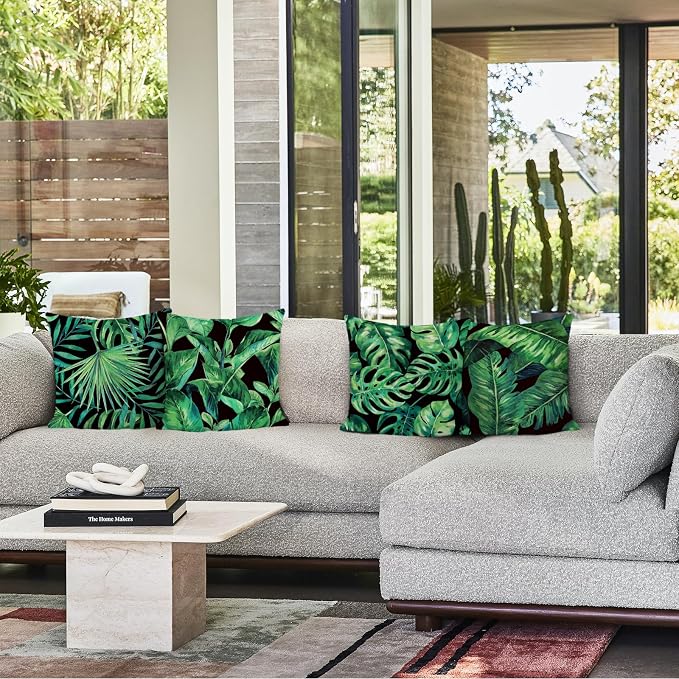 Bonhause Tropical Green Leaves Pillow Covers 18x18 Palm Leaf Decorative Pillow Cases Polyester Linen Summer Cushion Covers for Sofa Couch Home Decor Set of 4