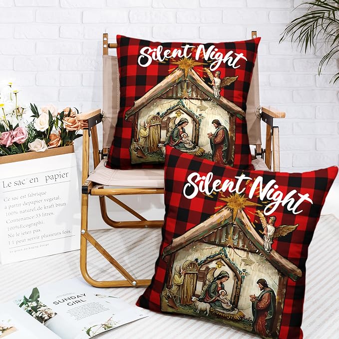 Xmas O Holy Night Silent Night Throw Pillow Covers Jesus Nativity Pillow Case Red Buffalo Plaid Christmas Pillow Covers 20x20 Set of 2 for Living Room Couch Bedroom