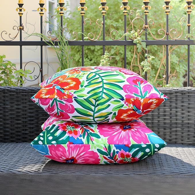 Outdoor Pillow Covers 18x18 Inch Set of 2 Tropical Floral Plants Boho Throw Pillows Cases Waterproof Square Garden Cushion Sham for Patio Funiture Tent Balcony Bench Sofa Couch