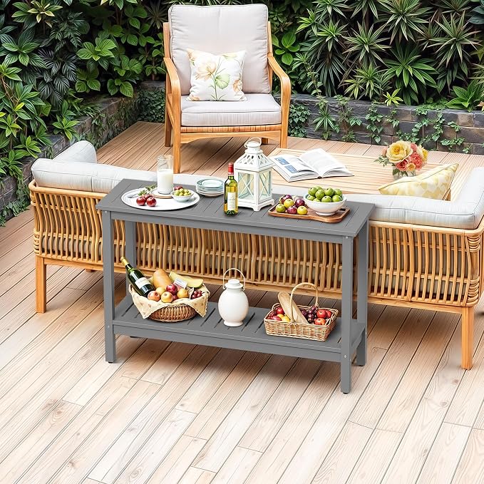 Wooden Console Table, 48in 2-Shelf Solid Wood Patio Side Table, Indoor Outdoor Buffet Bar Organizer with Foot Sliders (Grey)
