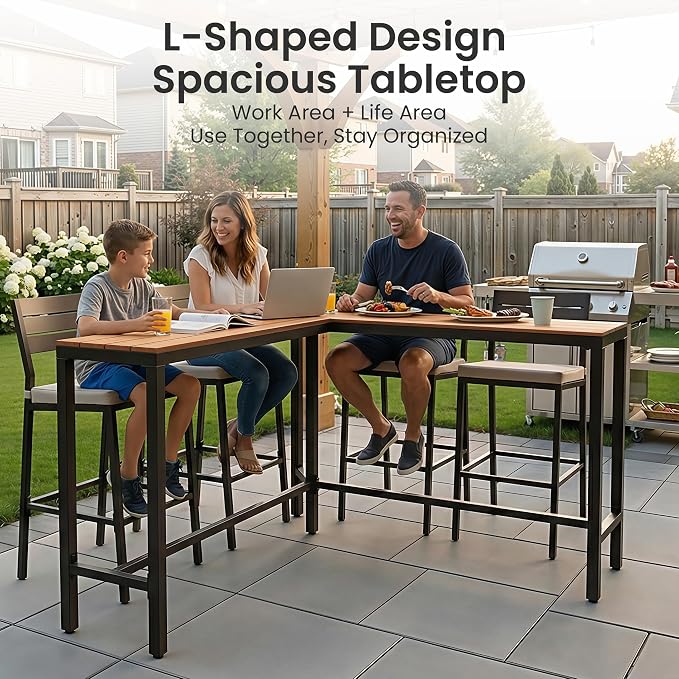 Crestlive Products Outdoor Bar Table, L-Shaped 55'' All-Weather Metal Frame with Slatted Tabletop, Patio Pub Counter Height High Top Table for Balcony, Backyard, Bistro, Garden, and Poolside, Brown