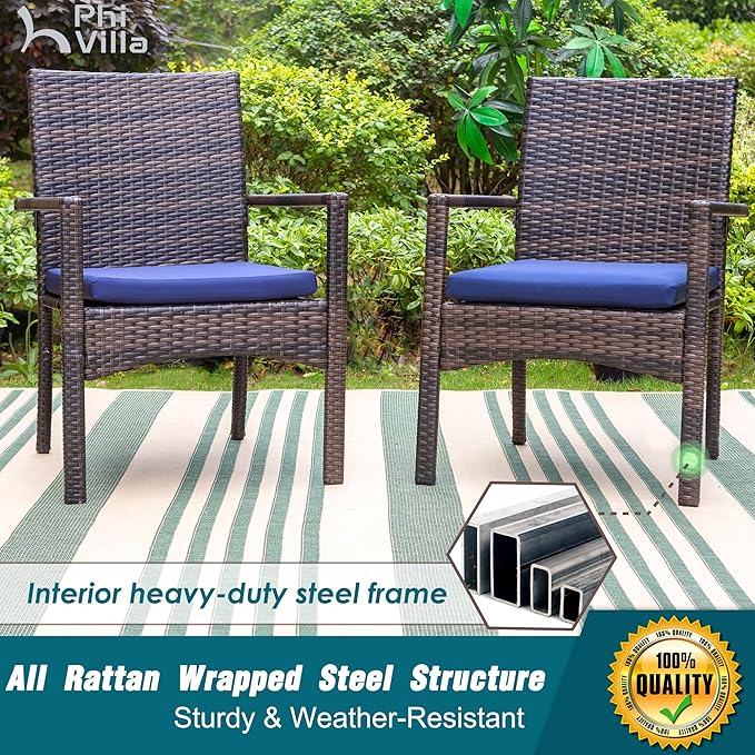 PHI VILLA 7 Piece Patio Dining Set, 60” Rectangular Table, Rattan Chairs | Outdoor Dining Set for 6, Metal Dining Table with Umbrella Hole, Wicker Chairs with Cushions for Patio, Deck, Porch
