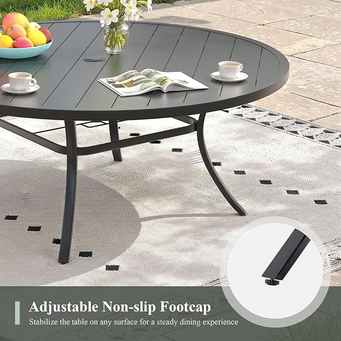 Outdoor Dining Table for 8, 53" Round Outdoor Table with Adjustable Umbrella Hole, All-Weather Metal Patio Dining Table for Lawn Garden Backyard Deck, Black