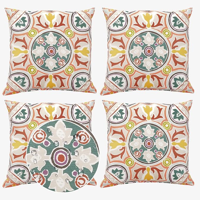 Volans 18" x 18" Outdoor Throw Pillows with Inserts, Waterproof Decorative Pillows for Backyard, Bed, Couch, and Patio Furniture, Pack of 4, Colorful Kaleidoscope