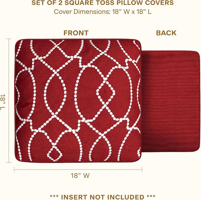 Honeycomb Outdoor Square Toss Pillow Covers, 18 x 18, 2-Pack | Imperial Red Embroidered Slipcovers, Water & Fade Resistant for Patio Furniture Set, Cover Only, No Insert