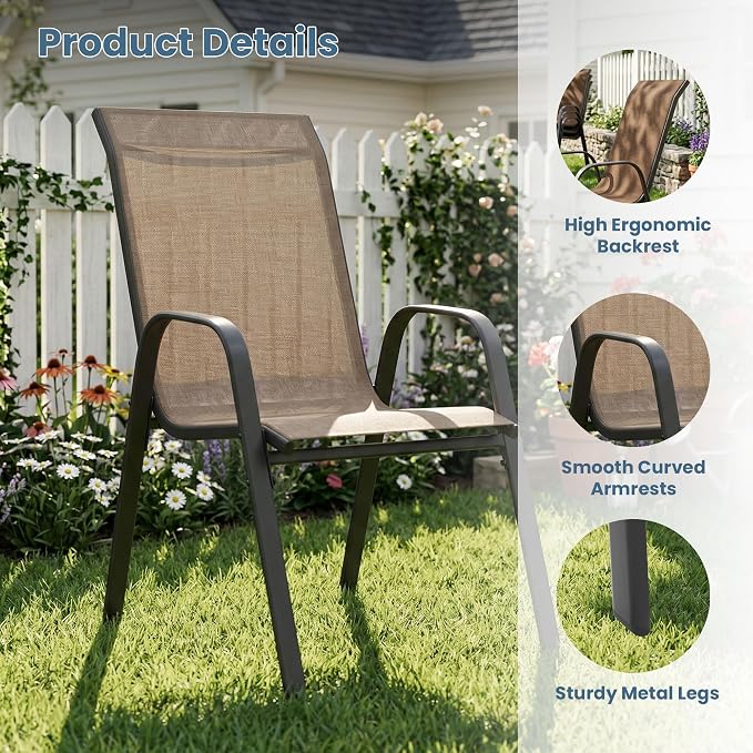 DIFY 11 Piece Outdoor Dining Set, 63" Walnut Round Metal Dining Table and Brown Textilene Stackable Patio Chairs, Patio Table and Chairs Set for 10 with Umbrella Hole for Backyard Garden Deck