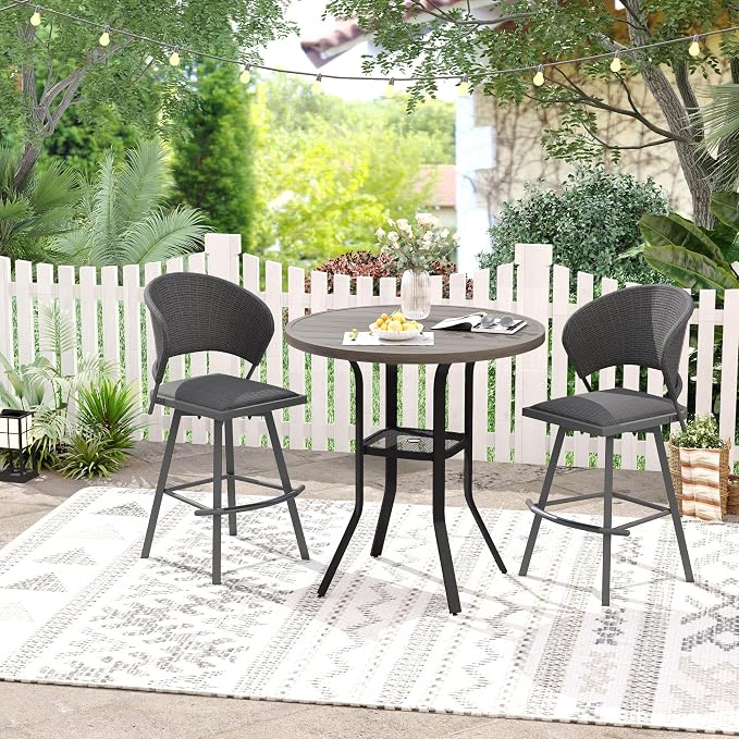 VICLLAX Patio Bar Height Table, Outdoor Round Bar Table with Umbrella Hole for Balcony, Porch, Deck, 37" Grey